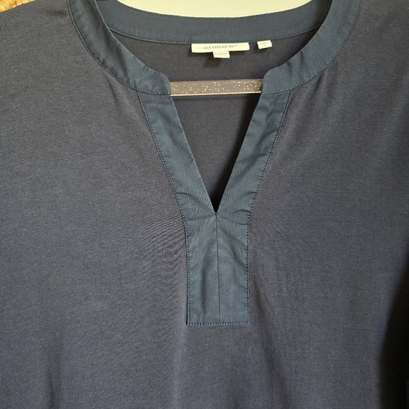 Chico's, Navy Blue Notch Neck Embroidered Eyelet Bell Sleeve Top, Size Large 2 - Picture 3 of 11